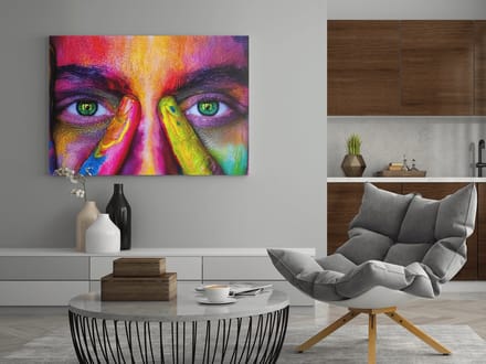 Canvas Schilderij - Gekleurde Vrouw Gezicht - Kunst - 90x60x2 cm