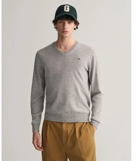 Trui GANT Men Superfine Lambswool V-Neck Grey Melange-XL