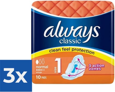 3 x Always Classic - Maandverband - Normaal met Vleugels - 10 Maandverbandjes - Voordeelverpakking - 3 stuks