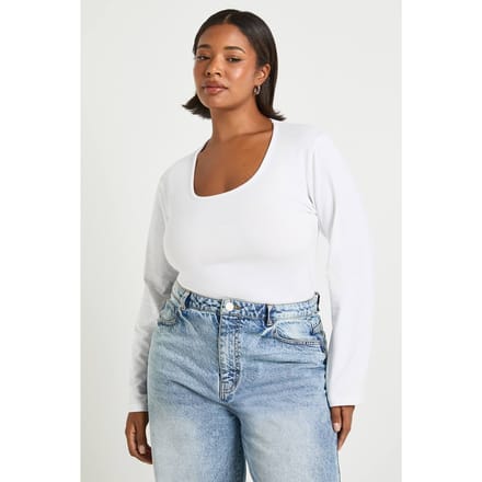 boohoo Dames Plus Basic Top met vierkante hals en lange mouwen | Wit | Maat: 44