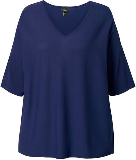 Ulla Popken - Dames - Trui oversized V-hals korte mouwen - Marine - Maat 62+