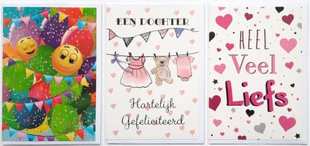3 Wenskaarten - Een Dochter + Ballonnen + Heel veel liefs - 12 x 17 cm – GEB-302