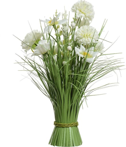 Everlands Kunstplant gras narcissen en hortensia - groen - wit - H40 cm