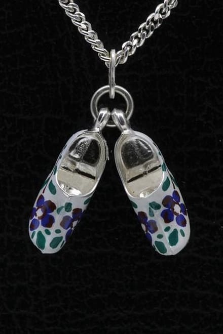 Zilveren Klompen ketting hanger - blauwe bloem
