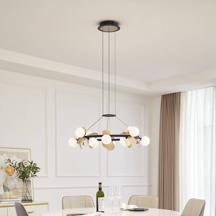 Lucande hanglamp Pallo, 12-lamps, zwart/goud, glas
