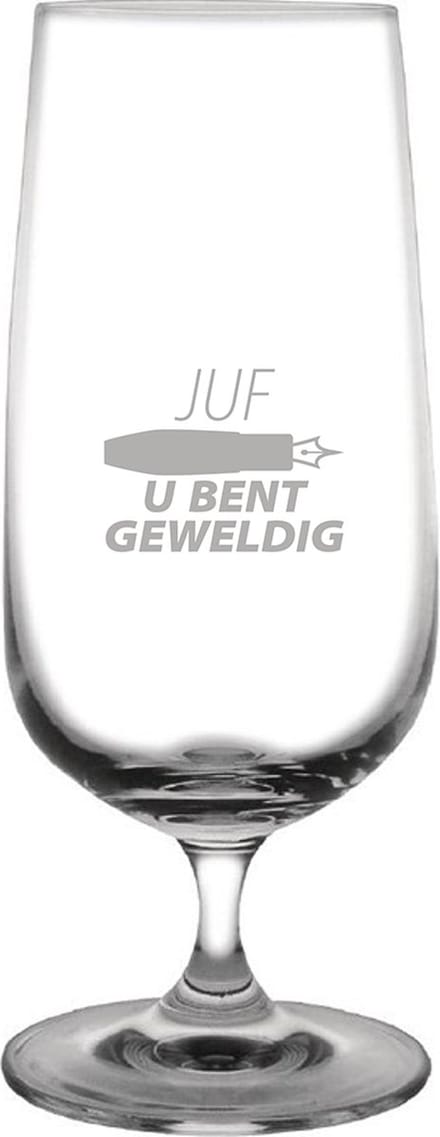 Gegraveerde bierglas op voet 41cl Juf u bent geweldig