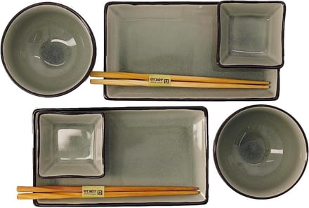 Glassy Grey set of 2 plates - 2 sauce bowls - 2 rice bowls - 2 chopsticks - 8-piece earthenware - TOKYO design studio