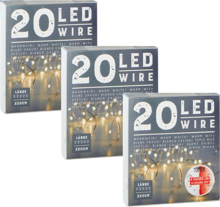Draadverlichting lichtsnoer - 3x - 220 cm - 20 leds - warm wit - batterij - timer - kerstverlichting