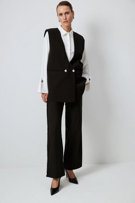 Touché Privé - Crepe gilet met parels - Zwart - Dames