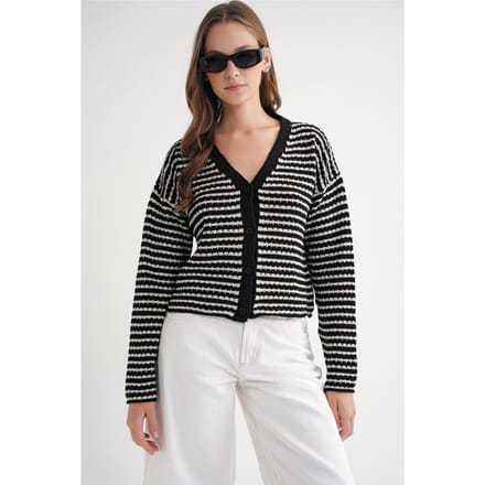 Gestreepte V-hals Knopenfront Ribgebreide Cardigan