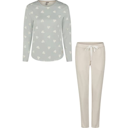 By Louise Dames Pyjama Set Lang Katoen Mintgroen Hartjes/Beige Gestreept - Maat M