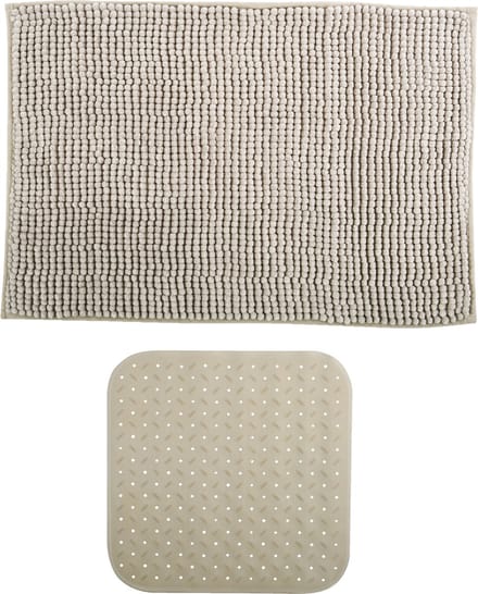 MSV Douche anti-slip mat en droogloop mat - Sevilla badkamer set - rubber/microvezel - beige