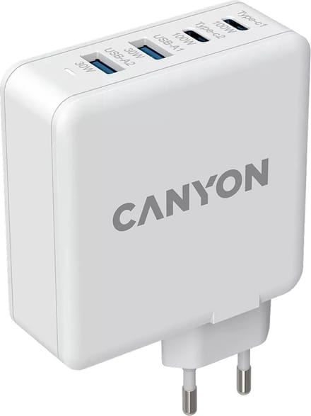 Canyon H-100 GaN PD Oplader - 4 in 1 Adapter - Super Snel Laden 100W - USB-A - USB-C - Geschikt voor MAC, Windows, iPhone, Android - Wit