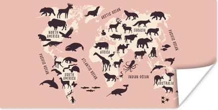 Muurdecoratie - Wereldkaart - Dier - Roze - 80x40 cm - Poster