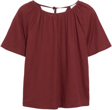 Vrouwelijke Blouse met Korte Mouwen van Gemengd Linnen met Rimpeling en Versierd met een Strik s.Oliver