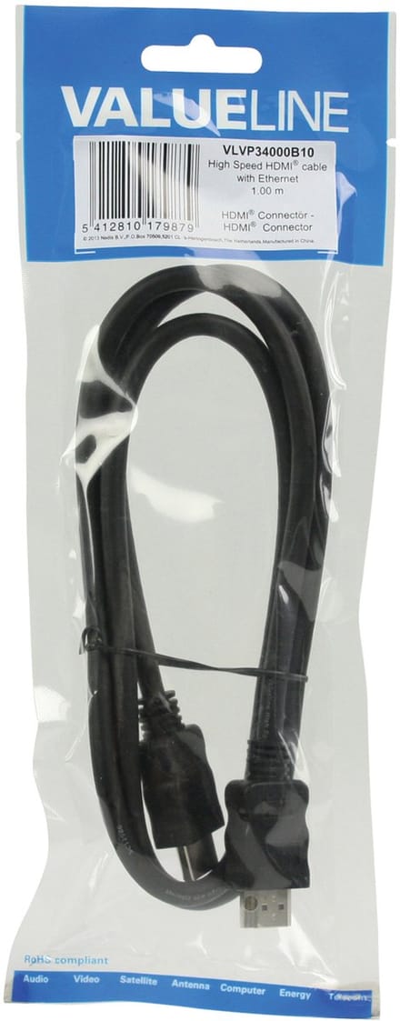 High Speed HDMI kabel met ethernet HDMI connector - HDMI connector 1,00 m zwart