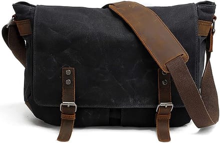 Tas – Briefcase – Heren Vintage Schoudertas – Leer & Canvas – Laptopvak 14" – Zwart