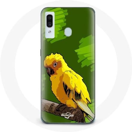 Coque pour Samsung Galaxy A20 Oiseaux de Perruches jaune Fond Vert