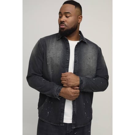 Plus Regular Fit Spray Gewassen Verfspetter Denim Overhemd | Washed Charcoal | Size 2XL
