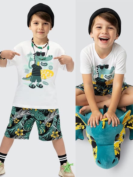 Denokids CFF-26Y1-101 Witte Jongens T-shirt en Short Set met Krokodil Print 110