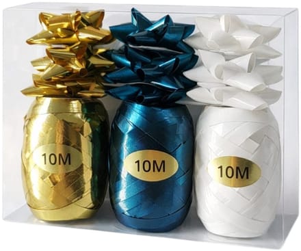 Cadeaulint Set met Strikken – 3 Rollen x 10 Meter + 9 Cadeaustrikken – Goud, Blauw & Wit – Cadeau Inpakset