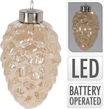 Home & Styling glazen dennenappel kerstdecoratie met 4-LED verlichting 11cm.