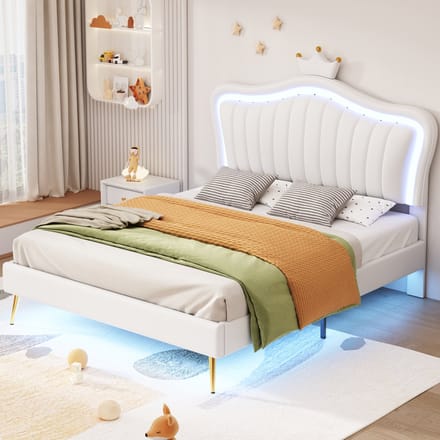 Sweiko 140 x 200 cm Gestoffeerd bed, Meisjesbedframe, Wit kroon dubbel bedframe van PU leer, met LED verlichting, Flat noedles frame en rugleuning (excl. matras) Wit