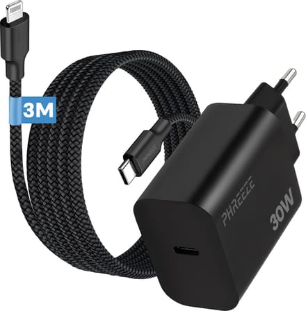 Phreeze 30w usb C snellader geschikt voor iPhone en iPad - Met geschikt voor usb C naar Lightning kabel 3 meter - Oplader