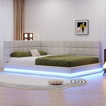 MODFU Bedframe 160x200 cm – beige linnen – multifunctioneel met LED (muziekmodus) en USB
