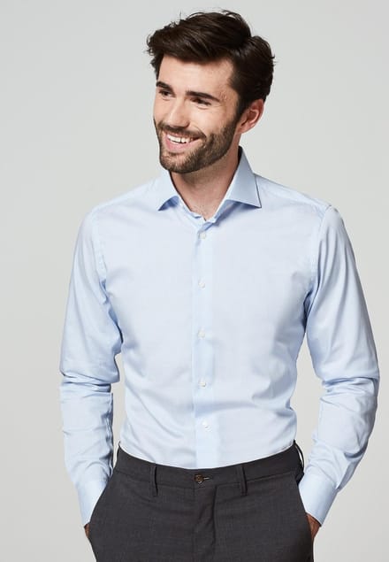 Michaelis Slim Fit overhemd - poplin - lichtblauw met wit gestreept - Strijkvrij - Boordmaat: 45