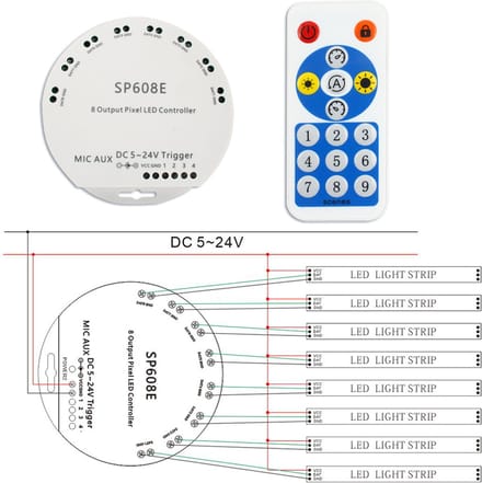 Bluetooth + IR Afstandsbediening voor Pixel LED strip - SP608E LED Controller - 8 Uitgangen