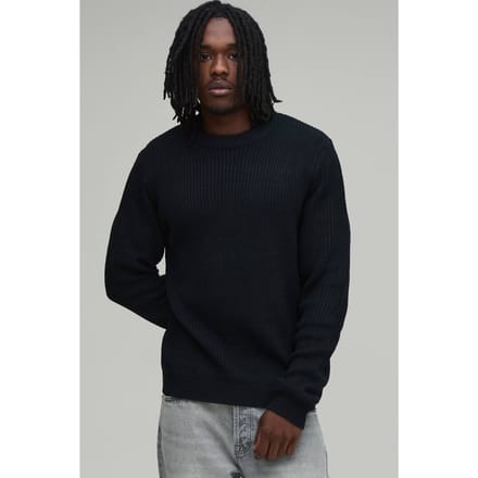 Lange Regular Fit Geribbelde Gebreide Trui | Black | Size Small
