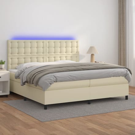 vidaXL - Boxspring - met - matras - en - LED - kunstleer - crèmekleurig - 200x200 - cm