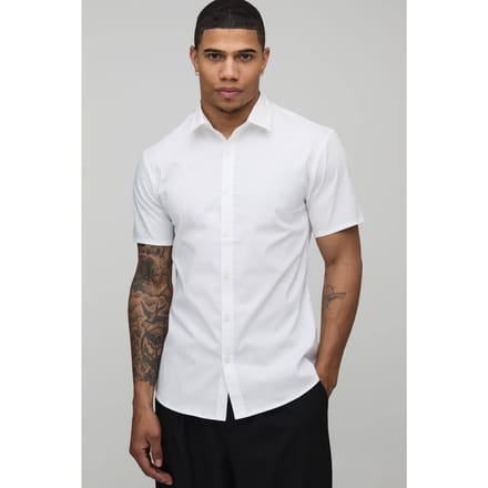 Slim Fit Korte Mouw Katoenen Overhemd | White | Size Medium