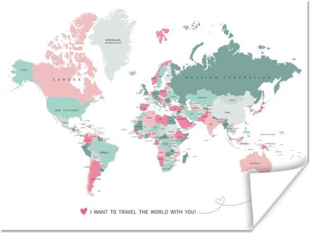 Poster - Wereldkaart - Liefde - Roze - 40x30 cm
