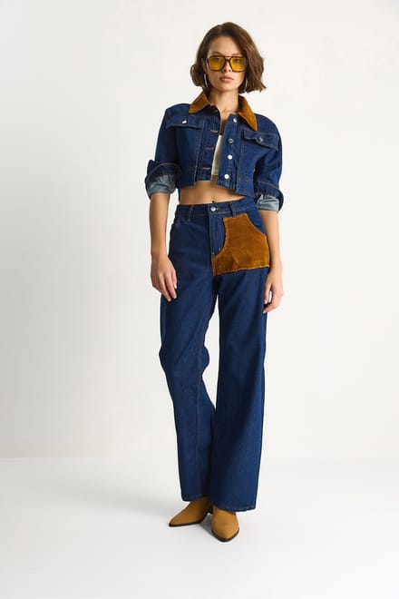 Hoge Taille Denim Co-ord Set met Kraag