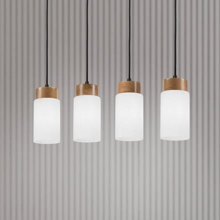 Lamkur Markus hanglamp, opaalglas/eikenhout, lengte 80 cm 4-lamps.