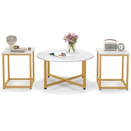 Coast 3-Delige Salontafelset - Wit/Goud - Rond 80x42cm - Vierkant 40x40x50cm