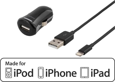 DELTACO USB-CAR203 Autolader Lightning aansluiting, MFi, 1m kabel, zwart