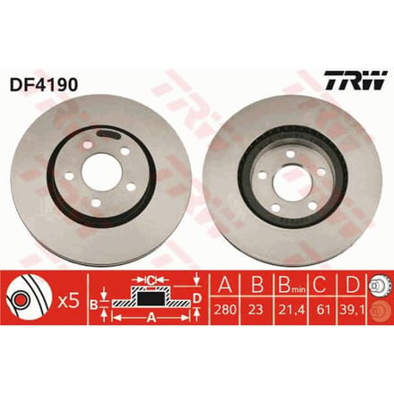 Remschijf TRW DF4190 voorkant, geventileerd, 1 Stuk
