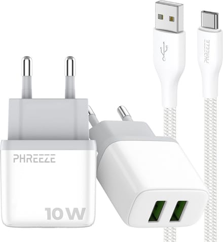 Phreeze 12w usb adapter - Usb naar usb C kabel 1 meter - 5v 2a power adapter met 2 poorten voor usb C smartphone tablet ereader controller - Oplader