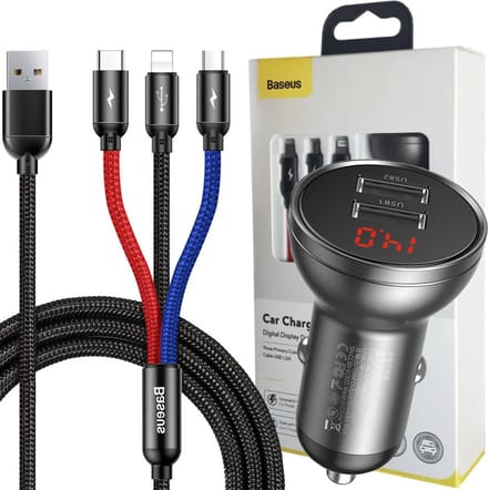 Baseus car charger with 24W display + 3in1 Three Primary Colors USB cable 1.2m