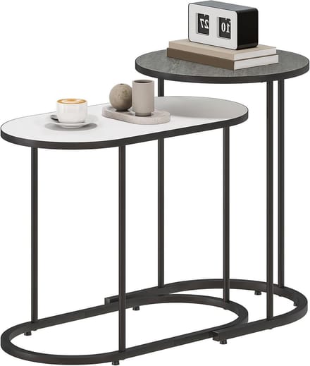 Salontafel Set - Bijzettafels Stapelbaar - Ruimte Besparen - Uittrekbaar Ontwerp - 2 Tafels - Grijs Wit