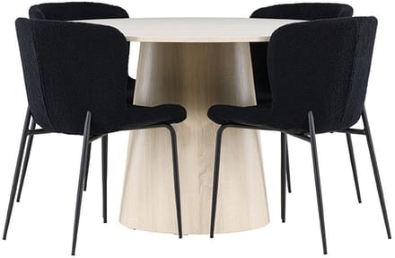 Lanzo eethoek tafel Ø120cm en 4 teddy stoelen whitewash.