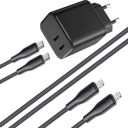 Dual 45w Snellader - 1 Meter - Oplader geschikt voor iPhone / iPad / Apple Lightning - Usb C adapter - Usb C oplader 2 poorten