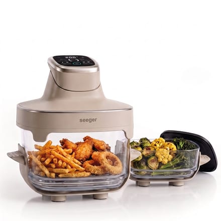 Seeger ClearFry Glazen Airfryer - 6 Programma's - PFAS-Vrij - 60°C Tot 200°C - 2.5L + 4.5L Glazen Containers - Beige
