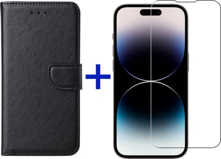 iPhone 14 Pro hoesje bookcase met pasjeshouder + screenprotector voor iPhone 14 Pro - Zwart