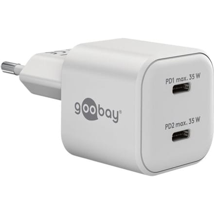 Goobay Nano GaN-snellader 35 W wit met 2 USB-C-poorten Power Delivery, laadt 2 apparaten tegelijk, supercompact