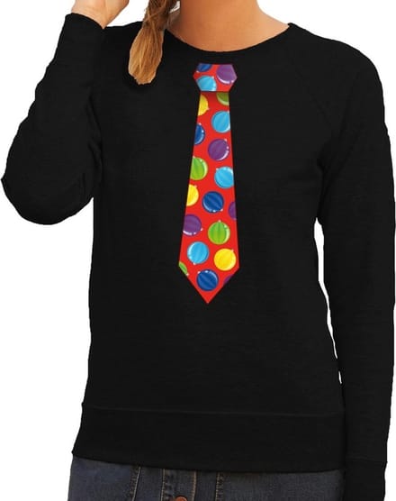 Foute kersttrui / sweater stropdas met kerstballen print zwart voor dames 2XL