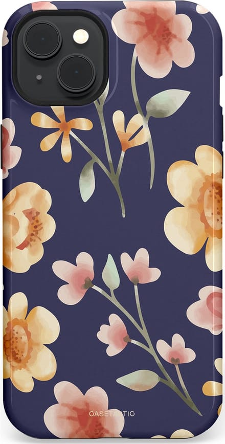 Casetastic hoesje geschikt voor Apple iPhone 15 Plus - MagSafe - Dubbellaagse bescherming - Fluweel Bloemendesign - Fashion Case - Donkergrijs Zand Perzik Grijs